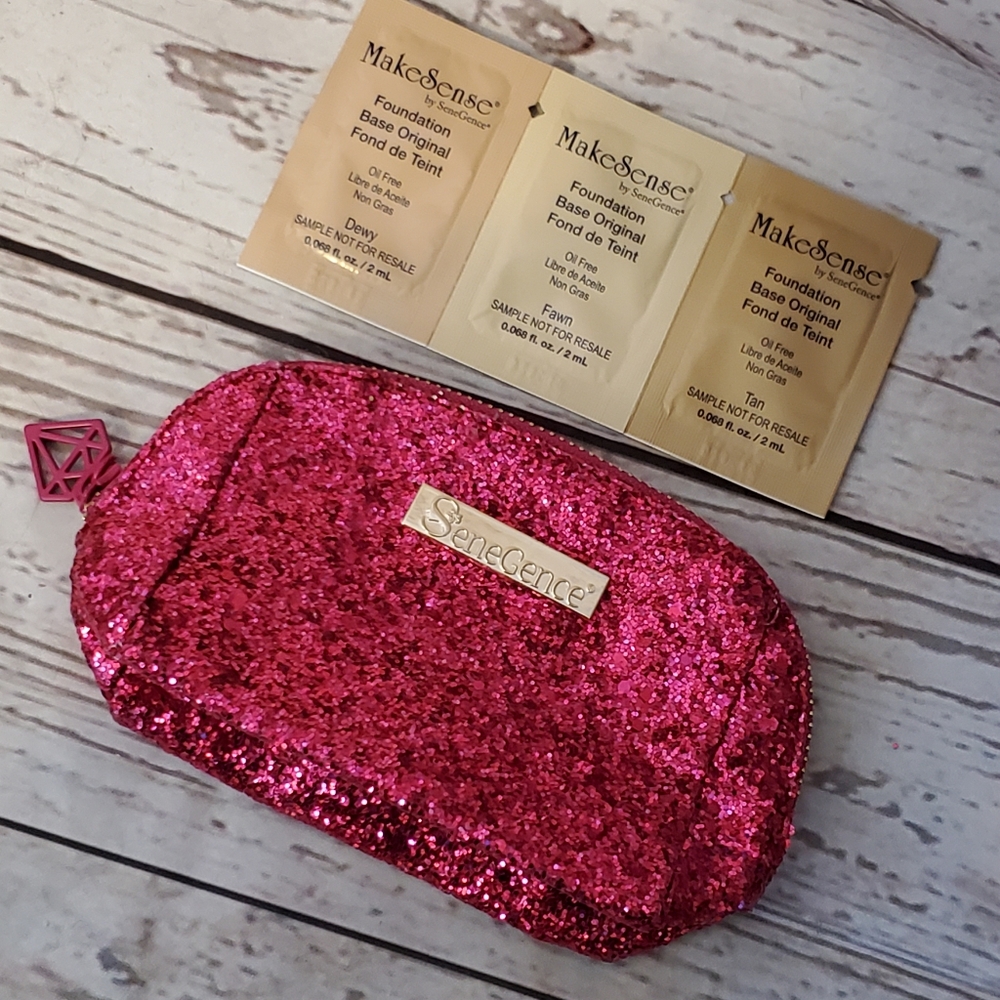 SeneGence pink glitter makeup bag with foundation samples